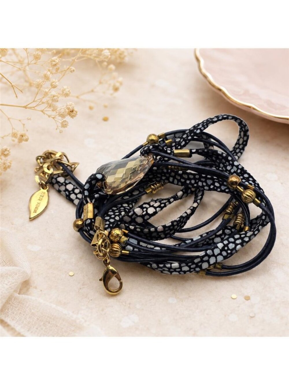 Sara Designs New York Champagne Crystal Leather Multi Strand Wrap Bracelet